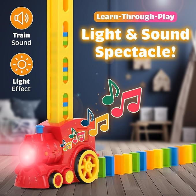 Domino Train Set for Kids – Automatic Domino Laying Toy, Montessori STEM Learning Gift for Boys & Girls Ages 3-8, Fun Educational Toddler Toy, Birthday Present for 3-5 Year Olds