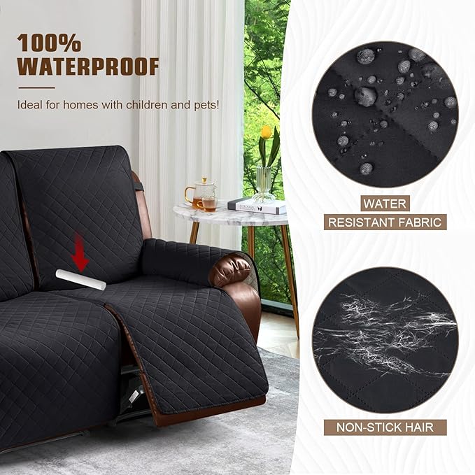 KinCam Waterproof Loveseat Recliner Cover, Non-Slip Reclining Couch Covers for 2 Seat, Recliner Sofa Cover Furniture Protector with Elastic Straps for Kids, Pets, Black