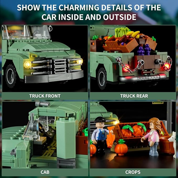 FUNWHOLE Retro Farm Truck LED Light Building Model Set - 499 Pcs Construction Bricks for Adults and Teens