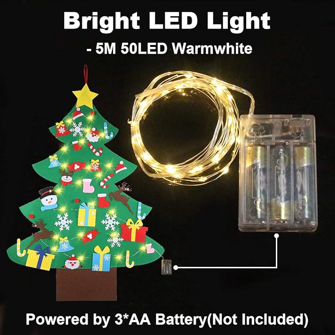 GameXcel 4ft Felt Christmas Tree for Toddlers with LED Light & 36pcs Ornaments, Velcro Montessori DIY Xmas Decorations - 4 Feet