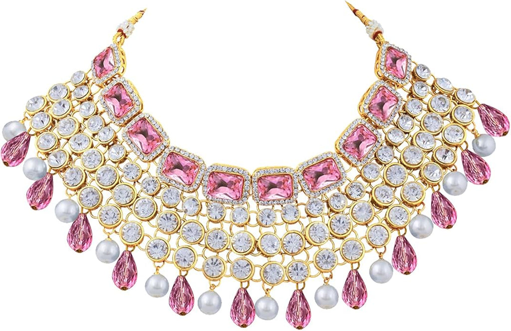Aheli Kundan and Simulated Colored Stones Indian Ethnic Maang Tikka Necklace and Earrings Set Bollywood Festive Statement Jewelry Gift for Women