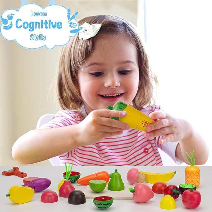 Wooden Play Food Sets for Kids Kitchen Fake Food Cutting Fruit and Vegetables Pretend Play Toddler Toys Food Montessori Toys for 3 4 5 6 7 Years Old Gifts for Boys and Girls