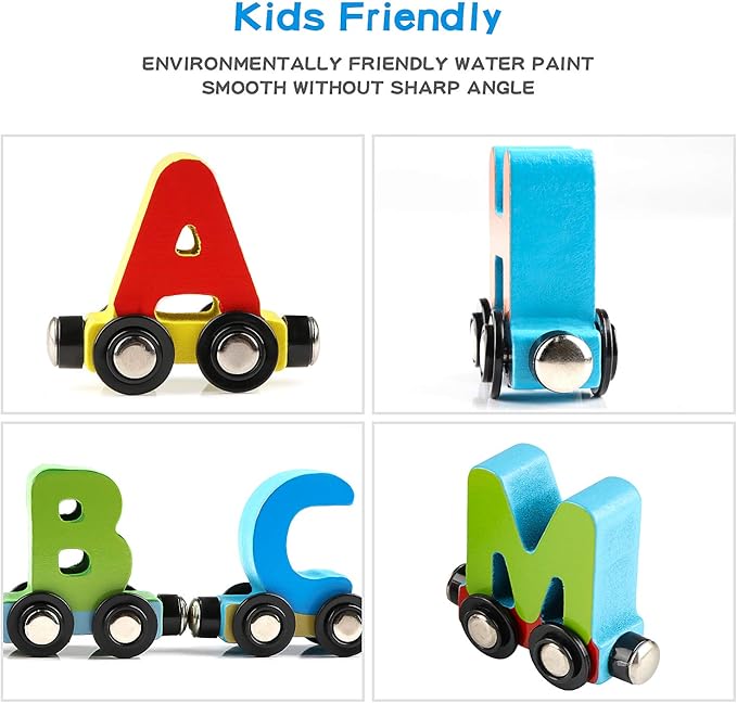 Wondertoys 27 PCS Wooden Alphabet Train Toy Wooden Magnetic Alphabet ABC Train Set Includes 1 Engine Letter Cars for Toddlers Boys and Girls, Compatible with Major Brands Train Set Tracks