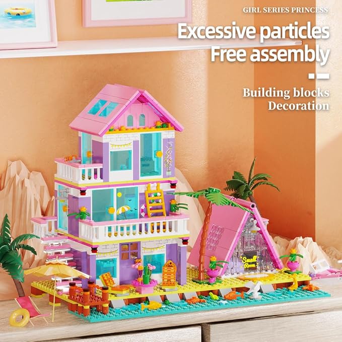Girl Beach House Building Blocks Toys for Girls Age 8+, Seaside Villa Friends Building Set with Light, 791pcs Mini Bricks