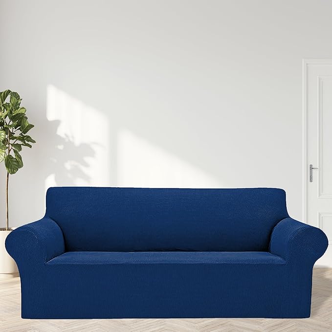 2025 New Stretch Sofa Slipcovers Couch Cover for 3 Cushion Furniture Protector Sofa Covers with Elastic Bottom Jacquard Fabric Small Checks for Pets, Kids -Sofa, Classic Blue
