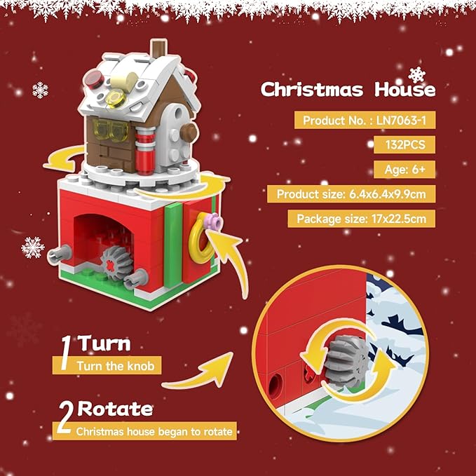 Christmas Building Blocks Sets Rotating Gingerbread house Building Sets for Kids 2024 Christmas Kits Small Xmas Building Brick Toys Gifts for Adults Teens Kids Girls Boys Ages 6+(132PCS Small Size)