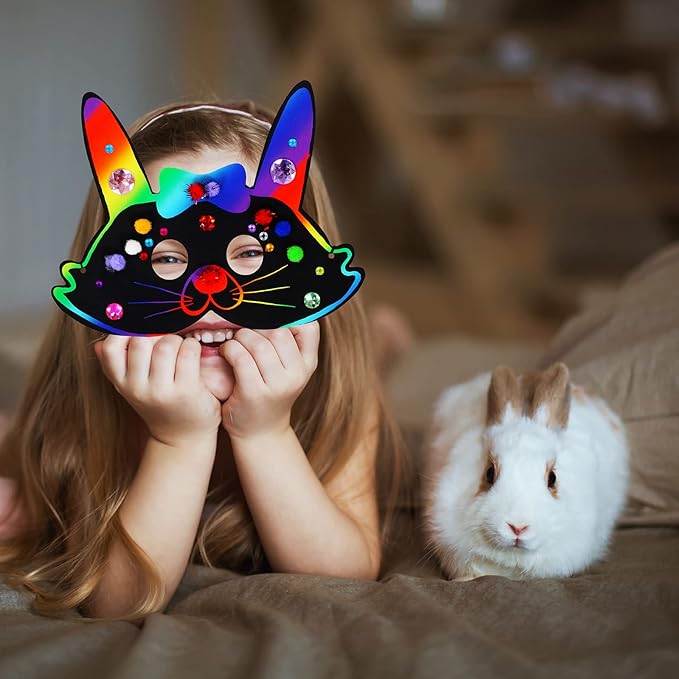 Winlyn 27 Sets Magic Scratch Off Art Rainbow Magic Scratch Paper Animal Masks Owl Rabbit Tiger Wolf Bear Squirrel Fox Bear Elephant Cutouts Face Kids Jungle Forest Animal Birthday Party Activities