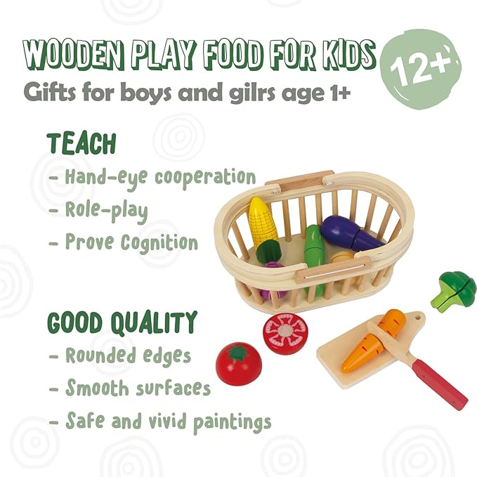 Wooden Cutting Fruits Vegetables Set for Kids, Pretend Play Food Toy Set with Wooden Knife, Tray and Basket for Boys Girls (Vegetable Basket)