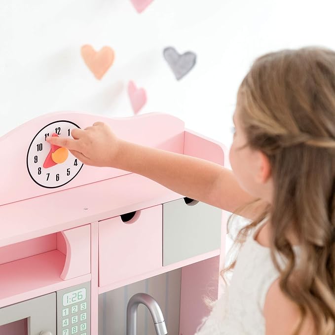 Teamson Kids Little Chef Florence Classic Interactive Wooden Play Kitchen with Accessories and Storage Space for Easy Clean Up, Pink with Gray Accents