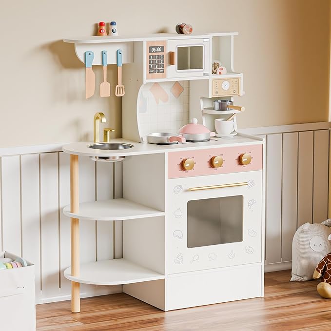 JOYMOR Kids Play Kitchen Sets, Toddler Kitchen w/Kitchen Sink & Ample Play Kitchen Accessories, Ideal for Creative Pretend Play for Children 3-10 (Cream&Gold)