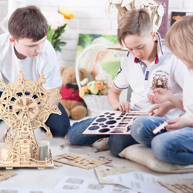 auryee Solar 3D Wooden Puzzle Ferris Wheel DIY Model Kit Craft Sets Educational Wood Mechanical Building Toys for Adult Men Kids Age 8 10 12 14＋