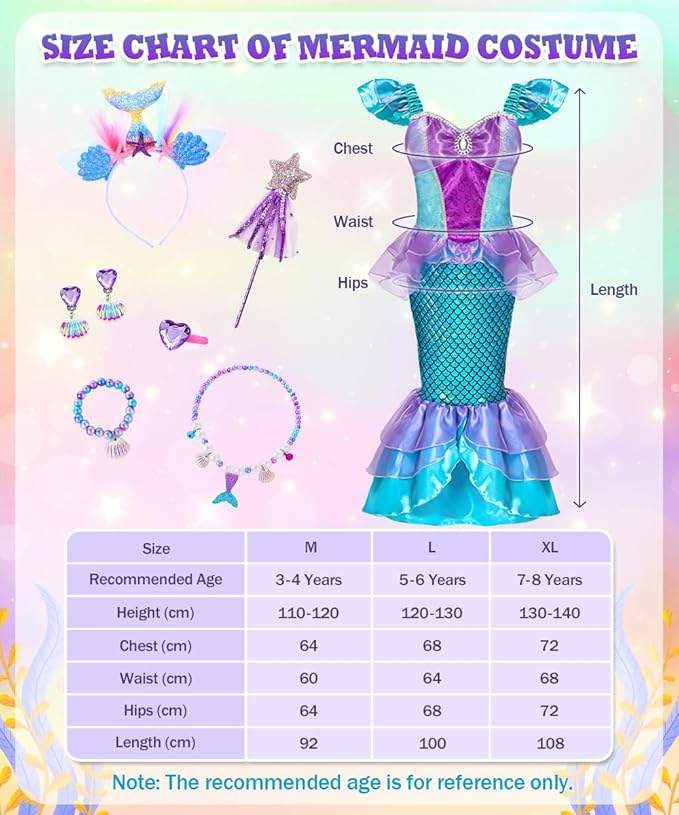 Mermaid Costume Dress, Mermaid Princess Dress for Girls with Wig Headband Necklace for Birthday Party Cosplay