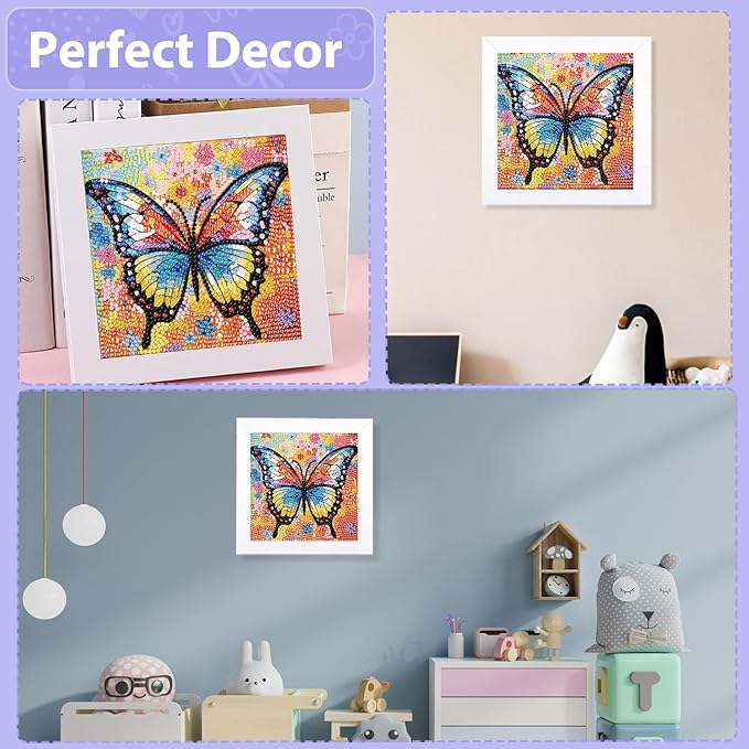 hkejoi Butterfly Diamond Art Painting Kits for Kids with Frame,Butterfly Diamond Art for Kids Ages 4-6-8-12,Easy Kids Gem Art Kit with Cartoon Box for Gift Home Wall Decor 7x7 inch