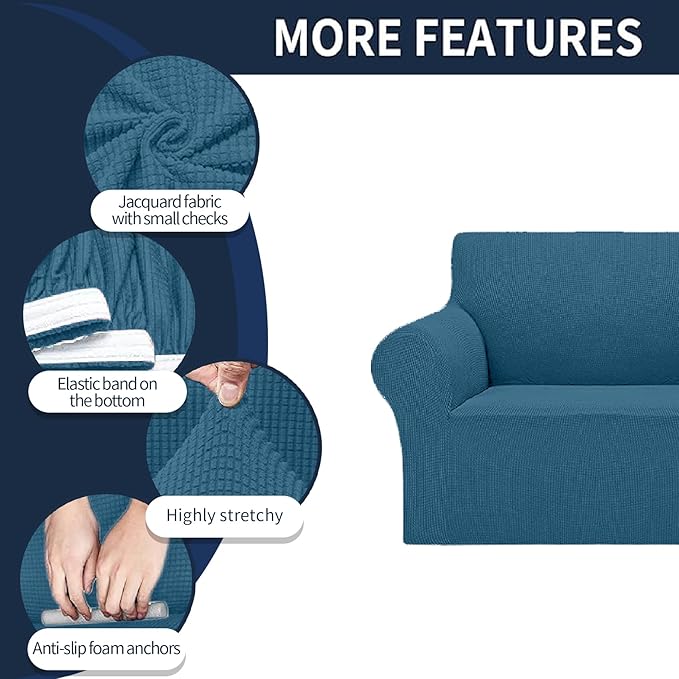 2025 New Stretch Loveseat Sofa Slipcovers Couch Cover for 2 Cushion Furniture Protector Sofa Covers with Elastic Bottom Jacquard Fabric Small Checks for Pets, Kids - Peacock Blue