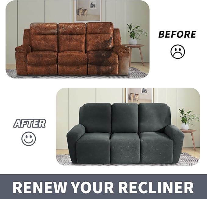 JIVINER Recliner Couch Cover, Jacquard 5 Piece Stretch Sofa Covers for 3 Cushion Reclining Lazy Boy Soft Washable Sofa Slipcovers Protector with Pockets (Recliner Sofa, Dark Gray)