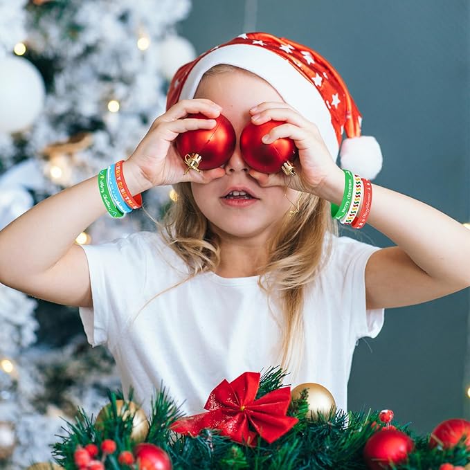 NEBURORA 24 Pack Christmas Wristband 6 Style Silicone Bracelet Wristbands Xmas Rubber Band for Christmas Party Decor 6 Merry Christmas Pattern Wrist Band Party Supplies