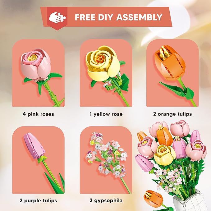Flowers Bouquet Building Set Tulips Camellia with Vase for Adult -1011pcs Compatible with Lego