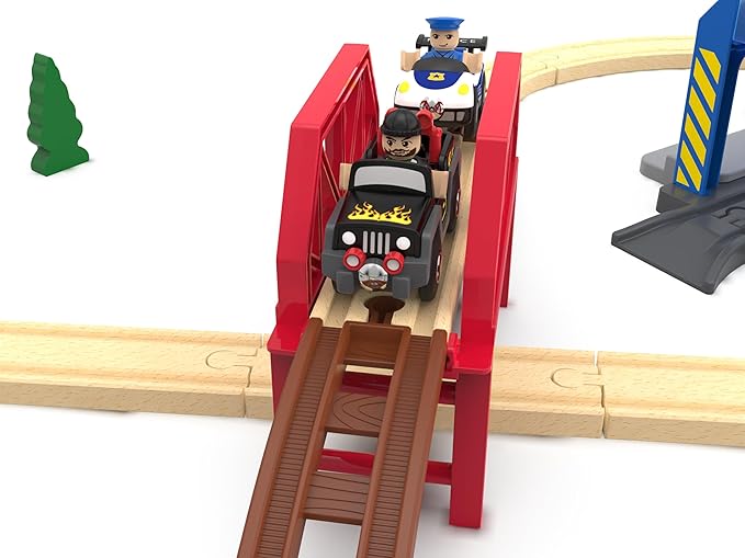 Wooden Train Set for Toddlers, 52Pcs Train Toy with Railway Track for Kids, Wooden Train Tracks Include Expansion Pack Compatible with Thomas, Brio, Chuggington