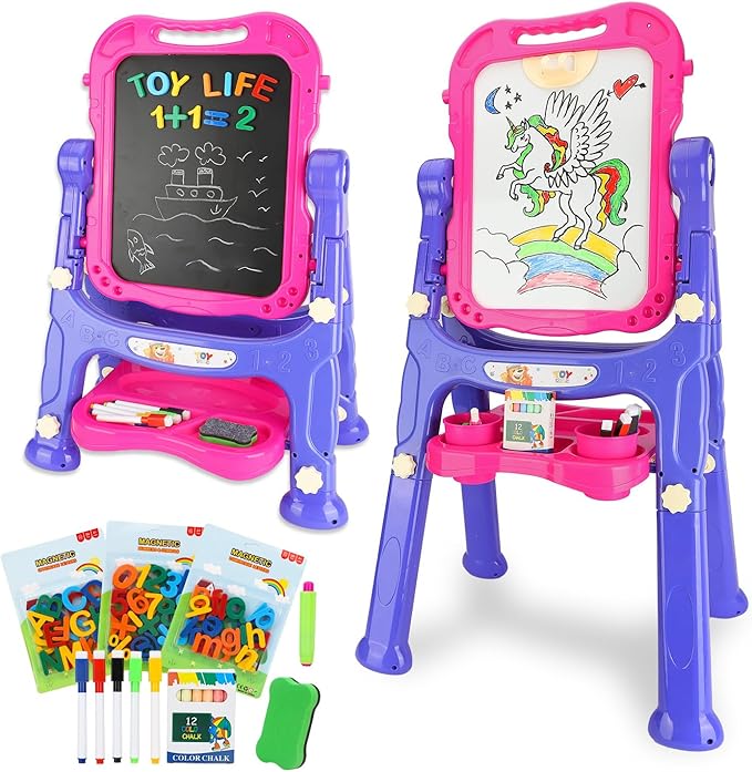 STEAM Life Easel for Kids Art Easel for Toddler Easel - 4in1 Double-Sided Large Magnetic Board Kids Chalkboard Easel Drawing White Board for Kids Magnetic Letters Numbers Christmas Gift for Kids Girls