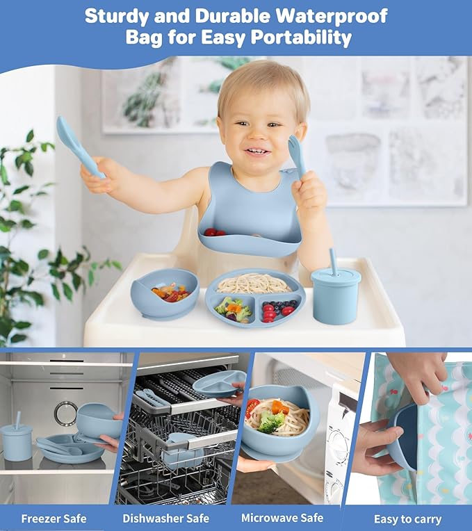 Silicone Baby Feeding Set, 10 Pcs Baby Led Weaning Supplies with Suction Bowl Divided Plate Adjustable Bib Soft Spoon Fork Snack Cup with Lid Drinking Cup, Utensil (Blue)