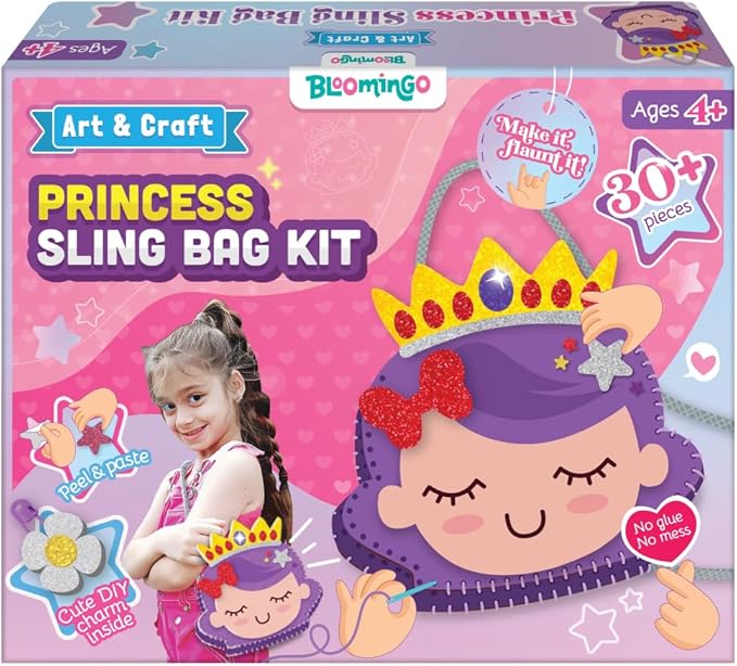 Bloomingo Art & Craft Kit - Princess Sling Bag: Fun Mess Free Arts & Craft Kit for Kids; Design Your Own Magical DIY Craft Bag; Birthday Gift for Girls & Boys Multicolor