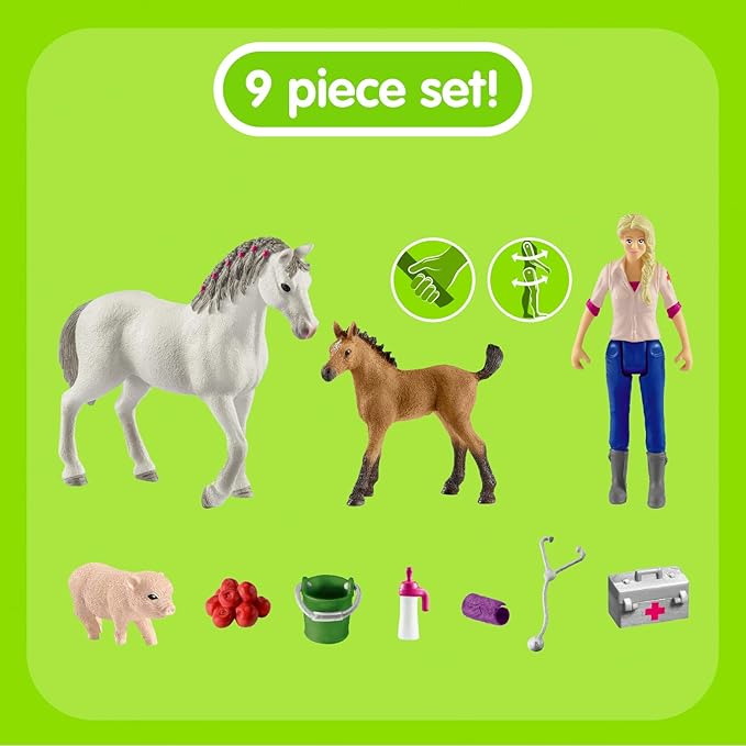 Schleich Farm World 9pc. Vet Visit Playset with Piglet, Mare, and Foal Horse Figurines - Detailed and Durable Farm Animal Toy Set, Fun and Educational Play for Boys and Girls, Gift for Kids Ages 3+