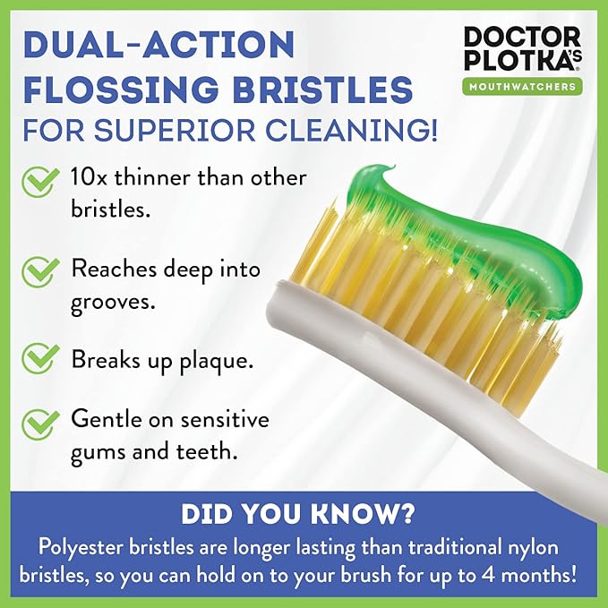 MOUTHWATCHERS Dr Plotkas Extra Soft Flossing Toothbrush Manual Soft Toothbrush for Adults, Ultra Clean Toothbrush, Good for Sensitive Teeth and Gums, Multicolor - 6 Pack