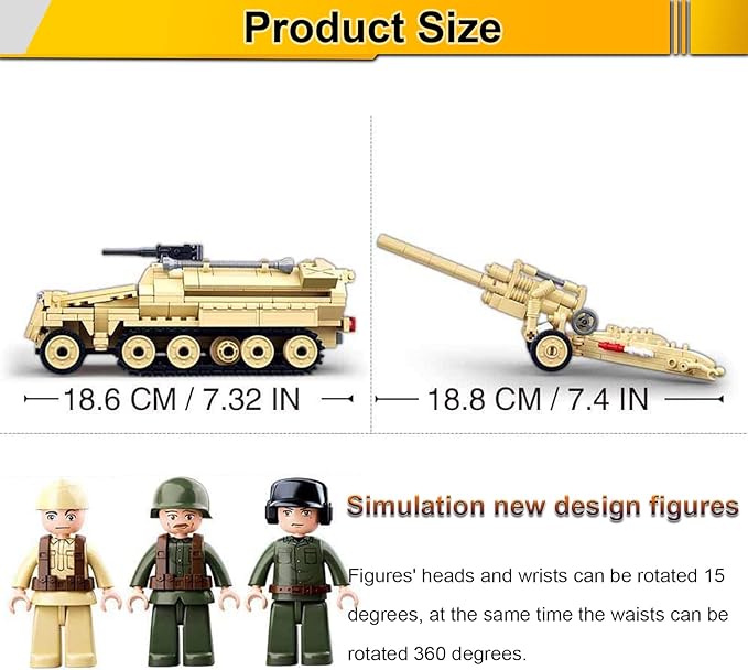 Military Army WWII Half-Track Troop Carrier with Cannon Toy Vehicle Building Kit, Army Series Building Block Set with 3 Soldier Figures, Best Roleplay STEM Construction Toy for Boys Girls (460 PCS)