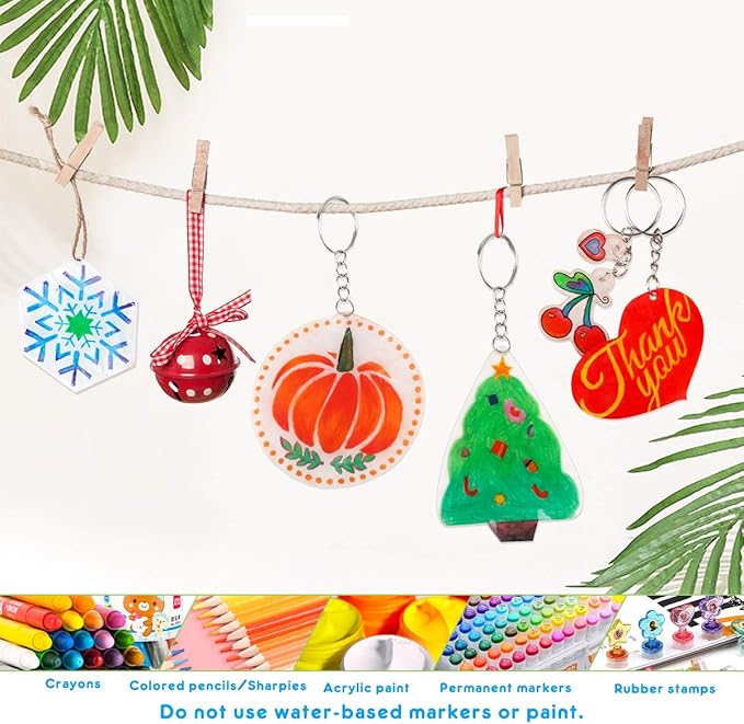 Mocoosy Shrink Plastic Kit for Shrinky Dinks, 148PCS Heat Shrinky Art Sheets for Kids, Clear Frosted Shrink Paper Include Shrinkable Films & DIY Keychain Earring Making Accessories Craft Activity Set