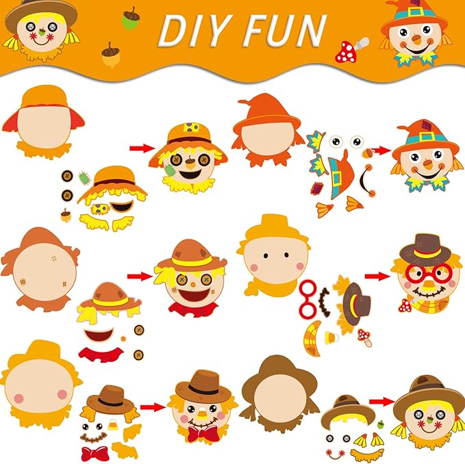 chiazllta 30 Pcs Thanksgiving Fall Craft for Kids Kindergarten DIY Scarecrow Craft Kits Fall Autumn Art Craft Make Your Own Scarecrow Head Set for Home Class Game Activities Preschoolers