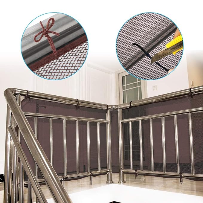 Child Safety Net - 10ft L x 2.5ft H, Balcony, Patios and Railing Stairs Netting, Safe Rail Net for Kids/Pet/Toy, Sturdy Mesh Fabric Material (Brown)