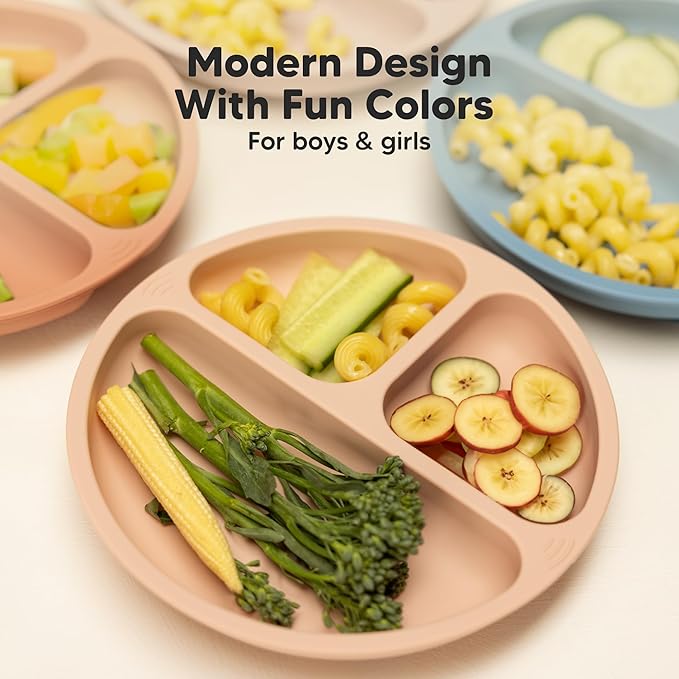 KeaBabies Suction Plates for Baby, Toddler - 3-Pack 100% Silicone Toddler Plates, Divided Baby Plates with Suction, Silicone Plates for Baby, Kids, BPA-Free, Microwave, Dishwasher Safe (Desert)