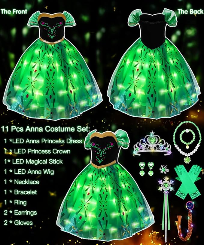 TOLOYE Princess Dresses for Girls, Light Up Elsa Anna Frozen Dress Up with Accessories for Birthday Halloween Carnival