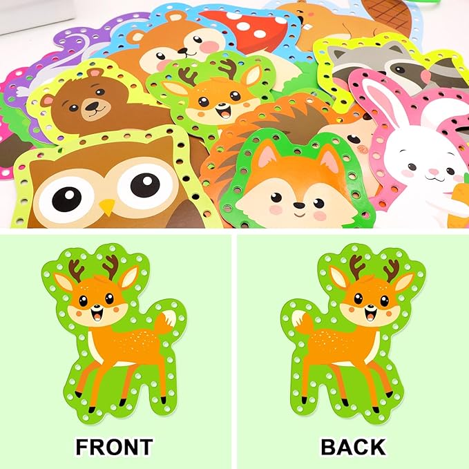 Omlisca Woodland Animals Lacing Cards 12 Pack Forest Animals Sewing Cards Owl Fox Bear Woodland Theme Party Decor Arts and Crafts Gifts for Kids Toddler Preschool Developing Imagination Supplies