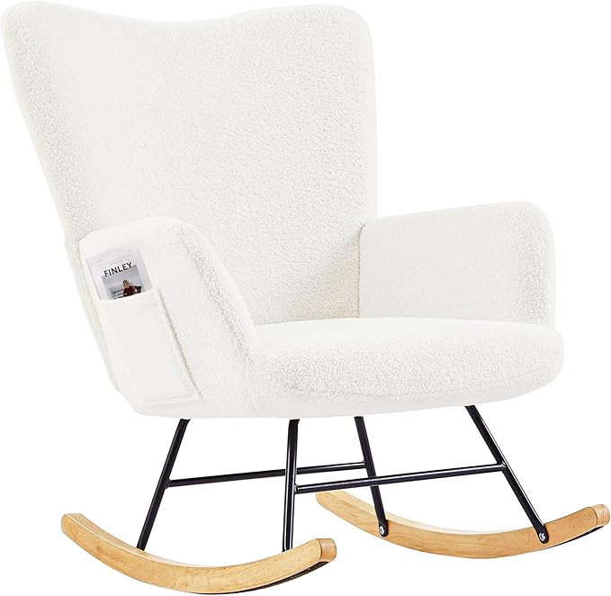 VECELO Rocking Chair, Modern Upholstered Teddy Fabric Nursery Glider with Padded Seat, High Backrest, Armchair and Pocket for Living Room Bedroom Balcony Offices