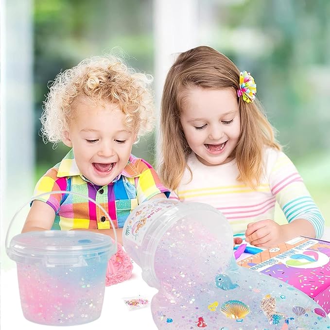 Mermaid Slime Kit,Clear Slime Bucket Kids Birthday Party,Slime Party Favors for Kids Children's Birthday Party Gifts Stress Relief Slime Kit for Girls and Boys