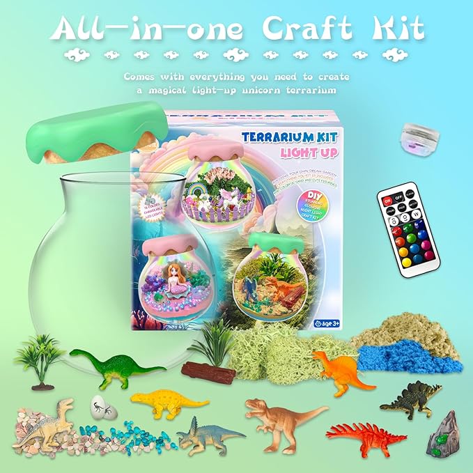 Dinosaur Gift for Boys Dinosaur Terrarium Kit for Kids Birthday Gift for Boy Ages 4 5 6 7 8-12 Year Old Light-Up Kit Crafts DIY Arts Toys Dinosaur Toys for Girls Birthday Ideas Present for Kids