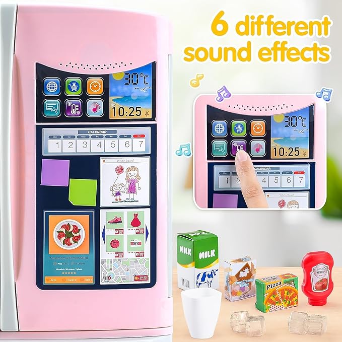 PLAY Kids Kitchen Refrigerator with Ice Dispenser, Pretend Play Fridge Kitchen Set for Toddlers, Toy Kitchen Appliance Accessories for Girl Boy Christmas Birthday Gift Age 1-3 4-8