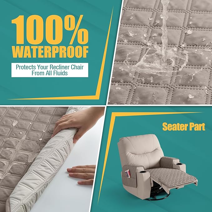 Ruaozz Waterproof Recliner Chair Covers Non Slip Chair Covers Recliner Seat Cover with Arms Washable Recliner Covers for Reclining Chair with Pocket, Covers for Recliner Chair (Khaki, Small-22'')
