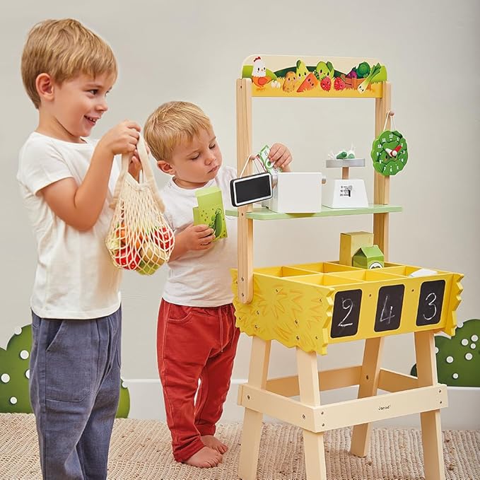 Janod - Children's Merchant Farm Market - Imitation Game for Children - 32 Accessories - Develops Imagination - FSC Wooden Toy - Water Painting - Suitable for Ages 3 and Above - J03322