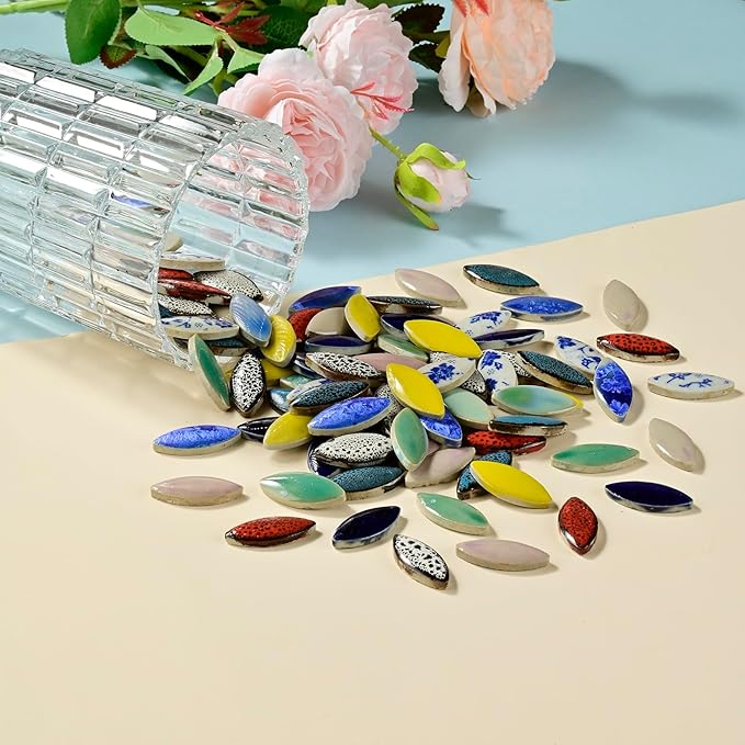 70 Pcs Petal Ceramics Mosaic Tiles for Crafts, Stained Ceramics Supplies, Flower Leaves Mosaic Ceramics Mosaic Pieces Kit for DIY Crafts Plates Picture Frames Home Decorations - Black