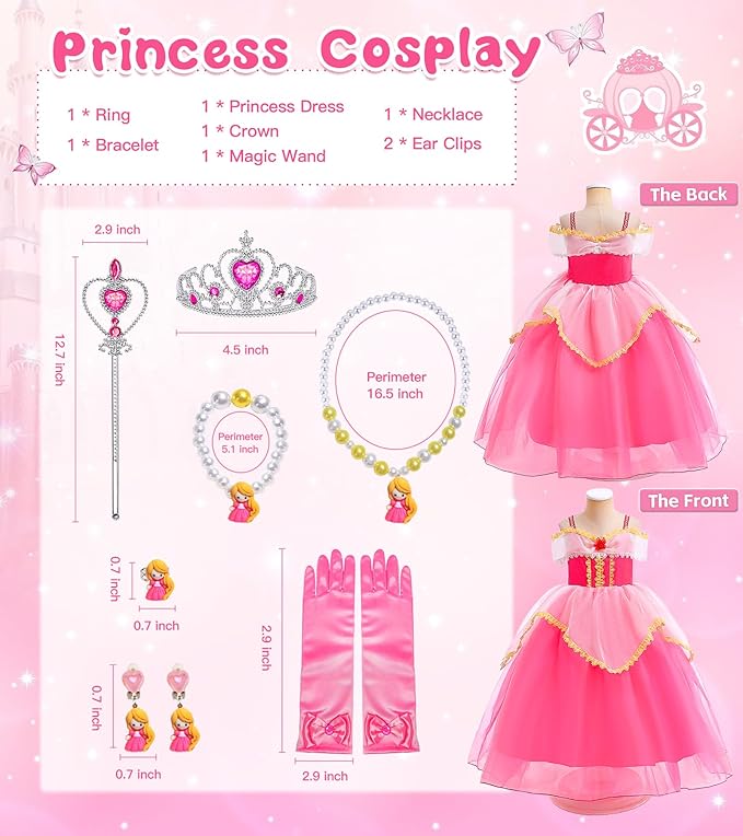 Princess Dress Up Clothes for Little Girls, Belle Costume Dress with Accessories for Birthday Party Cosplay Halloween