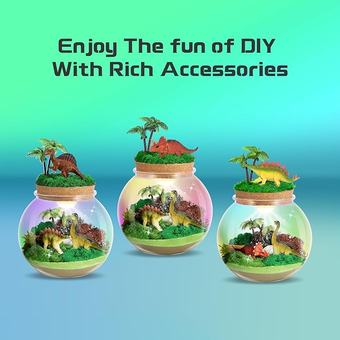Dinosaur Light-Up Terrarium Kit for Kids- Dinosaur Birthday Gifts for Boys Ages 4 5 6 7 8-12 Year Old- Dinosaur Toys for Boys with Multicolor LED Light & Remote