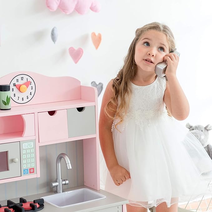 Teamson Kids Little Chef Florence Classic Interactive Wooden Play Kitchen with Accessories and Storage Space for Easy Clean Up, Pink with Gray Accents
