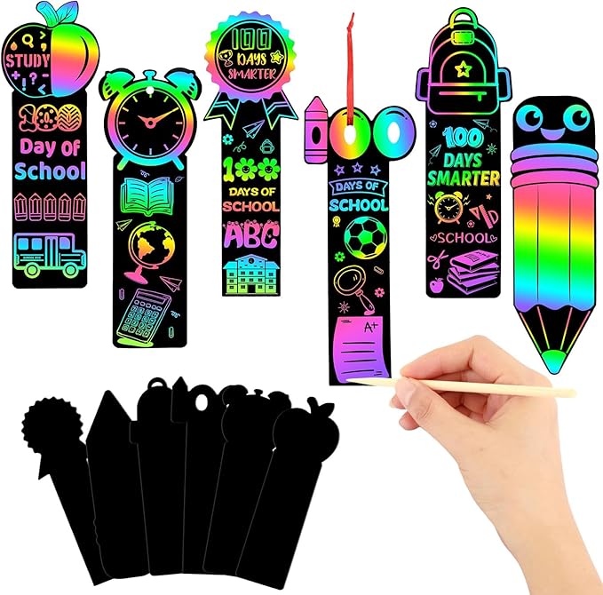 JUNEBRUSHS 30Pcs100 Days of School Scratch Bookmarks, Rainbow Magic Scratch Paper Art for Kids 100 Days of School Craft for 100th Day of School Gifts Activities Project Party Favors