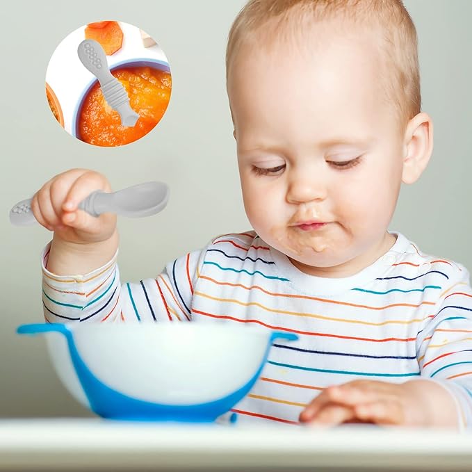 4pcs Silicone Baby Spoons Self Feeding 6+ Months, BPA Free Baby Led Weaning Spoons Training Spoon Toddler Self Feeding Utensils for 6-12 Months Babies (Grey)