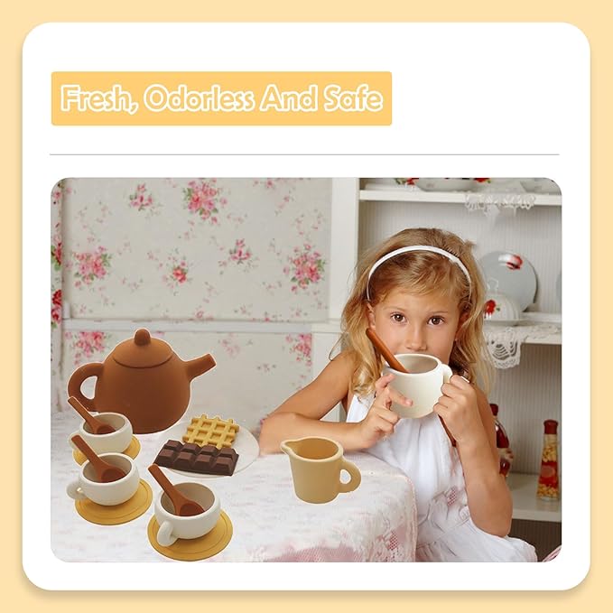 Silicone Tea Party Set, Toy Tea Set for Girls Kids ToddlersTea Set with Tea Pot Cups Food(Chocolate and Waffles), Pretend Play Kitchen Accessories(Brown)