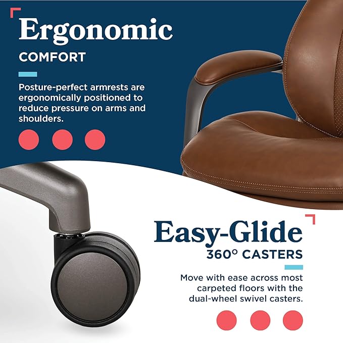 La-Z-Boy Nova Vegan Leather Modern Executive Ergonomic Design Office Chair, Memory Foam Thick Contoured Seat Back with Patented Lumbar Support Technology, Soft to Medium Sit Comfort, Cognac