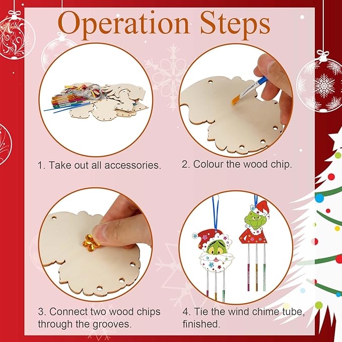 9 Pack Wind Chime Kit for Kids,Christmas Craft Kits DIY Grinch Wind Chime Unfinished Wooden Grinch Ornaments for Boys Girls Activity Art Project Christmas Tree Decoration