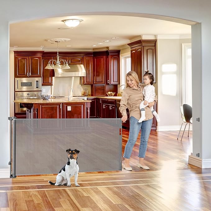 75 Inch Retractable Baby Gates for Wide Openings Retractable Dog Gate Indoor Extra Long Baby Gate Outdoor Extra Large Dog Gate Extra Wide Baby Gate for Stairs Dog Gates for Doorways, Porches, Gray